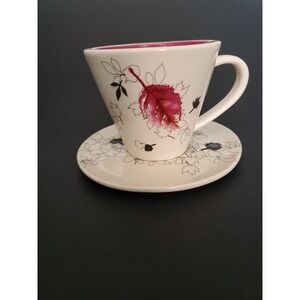 Starbucks Coffee Fall 2007 Leaf New Cup & Saucer Set Burgundy Some Glazing